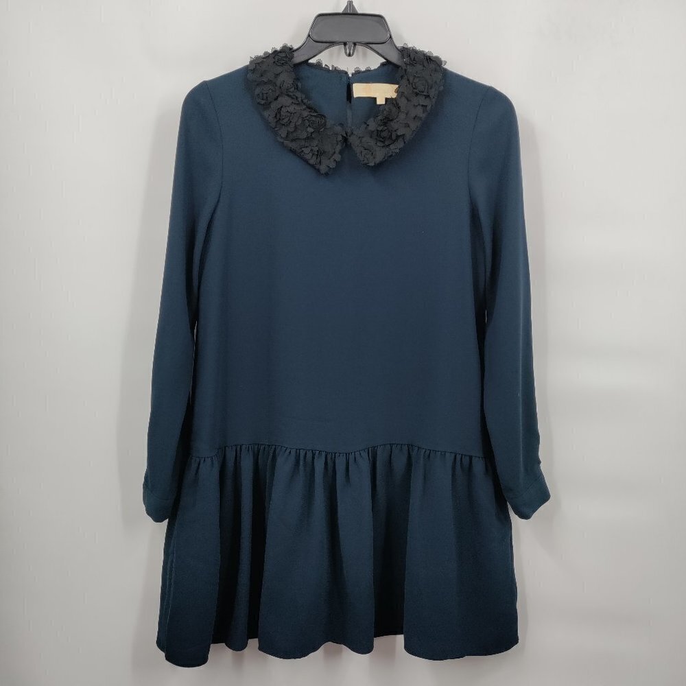 Bonsui Floral Lace Collar Long Sleeve Drop Waist Baby Doll Mini Dress Small Blue